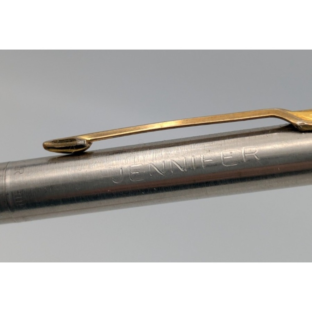 Vtg 90s Parker Jotter Click Pen Engraved JENNIFER‎ Brushed Stainless Gold Trim